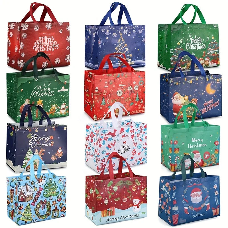 48PCS Christmas Reusable Grocery Bags, Tote Bags With Handles, Christmas Treat Bags, Multifunctional Non-Woven Bags For Gifts Wr