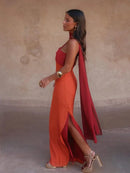 Color Blocking Scarf Collar Sling Dress Sexy Waist Cinching Chic Split Bodycon Maxi Dresses 2026 Lady Club Party Vestido