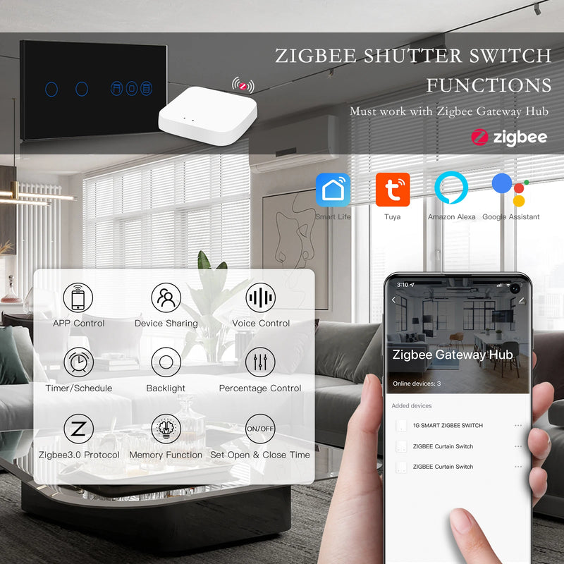 BSEED Zigbee Roller Shutter Switch Smart Light Wall Switches Electric Blinds Switch With EU Socket Support Tuya Smart Life Alexa