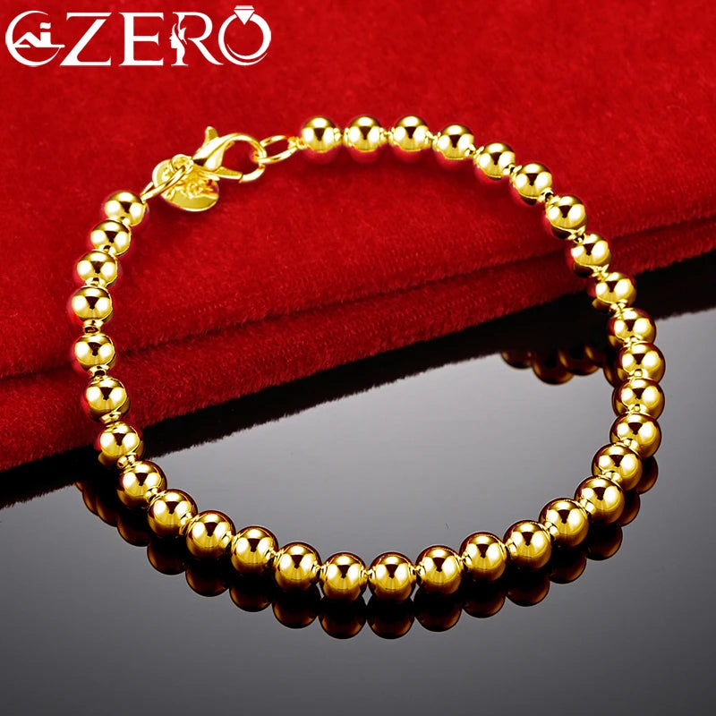 ALIZERO 925 Sterling Silver 18K Gold Smooth 6MM Beads Bracelet Chain For Woman Charms Wedding Engagement Party Jewelry Gifts