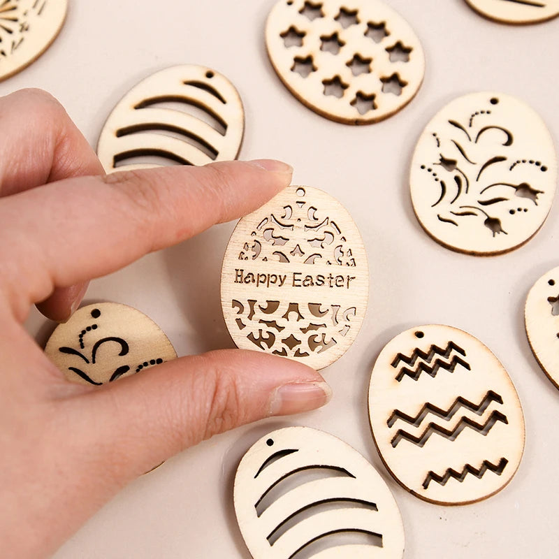 25/50Pcs Happy Easter Wooden Eggs DIY Craft Hanging Ornaments Hollowed Wood Chips Easter Party Decorations For Home Kids Gift
