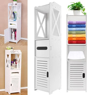 DayPlus Wasserdichter Badschrank mit Papierfach, Hoher Toilettenschrank, Weiße Organizer-Regale, Freistehender Stauraum