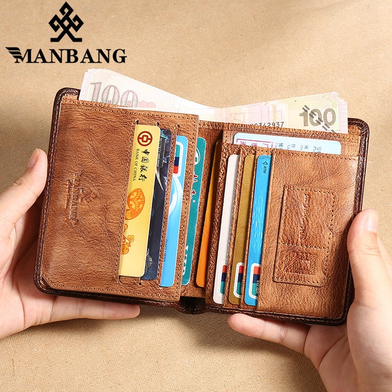 Manbang Men's Wallets RFID Genuine Leather Trifold Wallets For Men with ID Window and Credit Card Holder