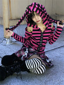 Gestreifter Print Gothic Grunge Hoodie Pink Schwarz Gothic Stil Hasenohren Hoodies Weiblich Fairy Harajuku Kawaii Slim Kapuzenpullover Egirl Top