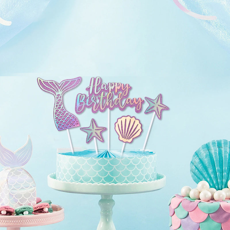 Mermaid Birthday Party Decor Glitter Mermaid Tail Sea Shells Starfish Cake Topper Baby Shower Girls 1st 2th Birthday party decor