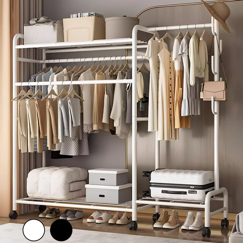 Coat Rack Movable Double Clothes Shelf Clothes Floor-Standing Bedroom Wheeled Floor Hangers Storage Coat Rack Clothes Racks