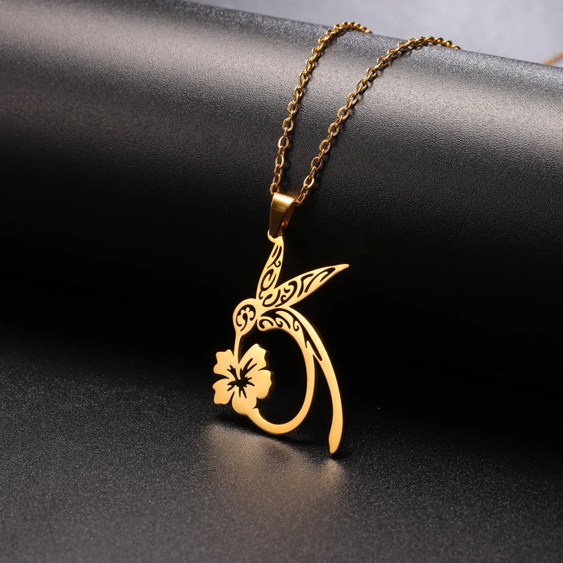 Hummingbird Flower Pendant Necklaces for Women Girls Stainless Steel Gold Color Chain Choker Animal Jewelry Birthday Gift