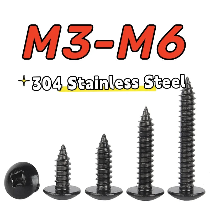 10-50pcs Black 304 Stainless Steel Phillips Large Round Truss Head M3 M4 M5 M6 Cross Mushroom Head Self Tapping Wood Screws