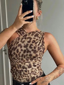 Women Leopard Tulle Bodysuit 2025 Summer Hollow Out Irregular Straps Snap-botton for Holiday Beach Style Streetwear