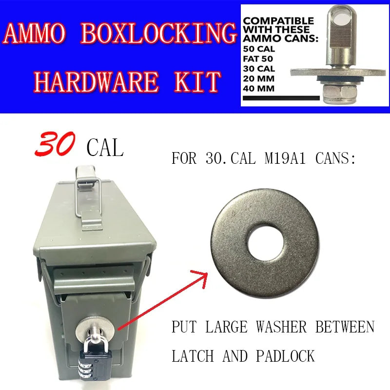 50 Cal Ammo Box Can Steel Gun Lock Hardware Kit Ammunition Gun Safe Box Military Army Case Bolt Set 40mm Pistol Bullet Storage