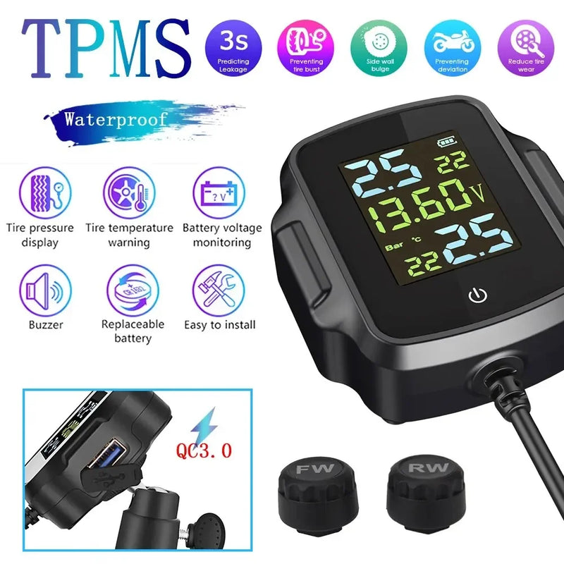 TPMS Motorcycle Tire Pressure Monitoring System With 2 Exteral Sensors Smart Tyre Alarm Kit Universal Motorbike Accessories