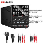 NICE-POWER 30V 10A DC-Netzteil Einstellbares Zweikanal-Labornetzteil Spannungsregler Mehrfachausgang 120V3A 60V5A