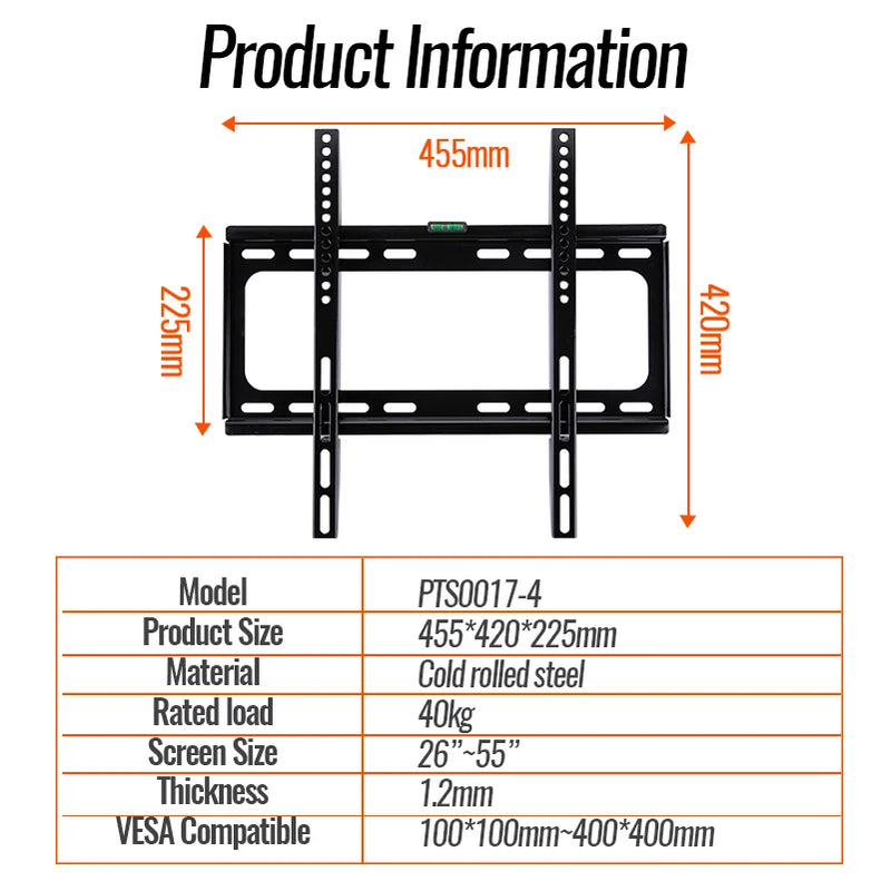 Universal TV Wall Mount Bracket for Most 26-55 Inch LED Plasma TV Mount up to VESA 400x400mm and 110 LBS Loading Capacity