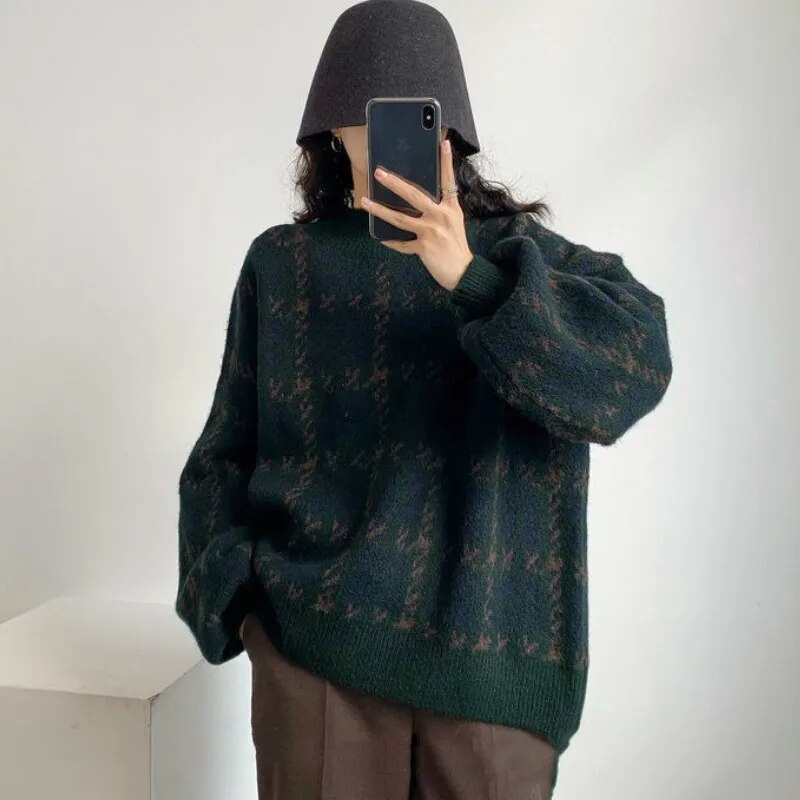 Women Pullover Patchwork Loose Lantern Sleeve Simple Knitted Sweater Female Elegant All-match Trendy Popular Streetwear Clothes