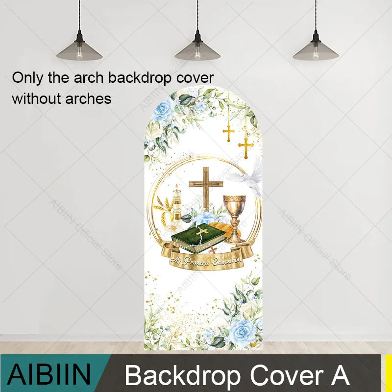 First Holy Communion Arch Backdrop Cover Wood Cross Baptism Boy Girl Boho Blue Cyan Flowers Party Decor Gold Bless Background