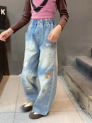Girls Jeans Spring Autumn Cartoon Wide Leg Jeans for Teenage Kids Heavy Embroidery Star Loose Straight Leg Trousers for Children