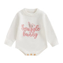 Toddler Boy Easter Bunny Jumpsuit Infant Short Sleeve Round Neck Rabbit Print Romper with Pom Pom Tail Detail