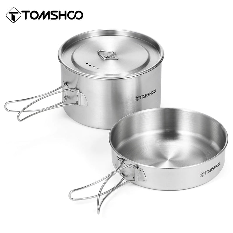 Tomshoo 2pcs Camping Cookware Set Stainless Steel Pot Pan Cooking Set with Foldable Handles Mesh Carry Bag Camping Kitchenware