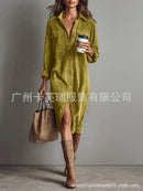 Retro Chic Women Midi Dress Corduroy Fabric Lapel Collar Popular Button Front Loose Fit Long Sleeve Comfy Casual Daily Outfit
