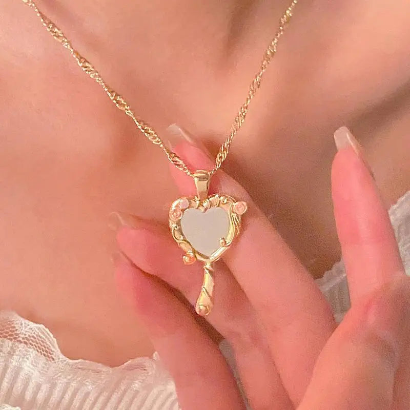 Gold Color Small Mirror Necklace for Women Fashion Wedding Party Jewelry Accessorie Heart-Shaped Mirror Necklace Gift for Her