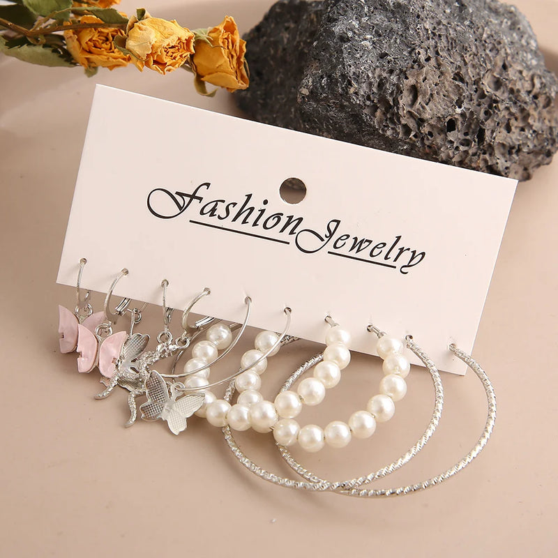 Fashion Big Silver Color Round Circle Pearl Hoop Earrings for Women Girls Snake Butterfly Dangle Earring Set Female Y2K Jewelry