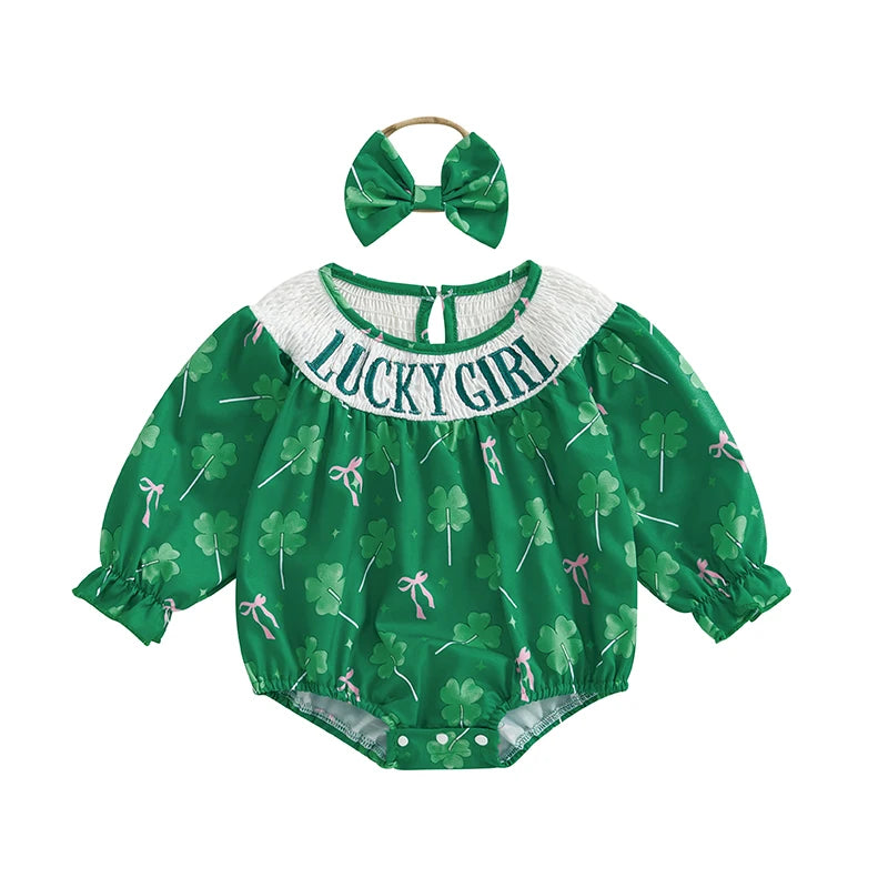 Adorable Infant Easter Bunny Print Ruffle Sleeve Romper with Matching Bow Headband 2 Piece Set for Baby Girls