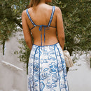 Ellafads Damen Maxikleider Sommer Sexy Vintage Bedruckt V-Ausschnitt Cutout Spaghettiträger Zum Binden Schmal Rückfrei Schnürung Strandpartykleid