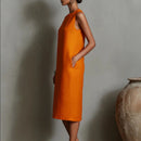 Elegant Minimalist Women Midi Dress Bohemian Sleeveless Crew Neck Straight Dress Side Pocket Solid Resort Wear Office Lady Dress