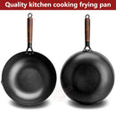 Wok-Pfanne aus Karbonstahl 32cm, Bratpfanne mit Holzdeckel, unbeschichtet, flacher Boden, chinesische Pfanne für Induktion, Elektro, Gas, alle Herdarten