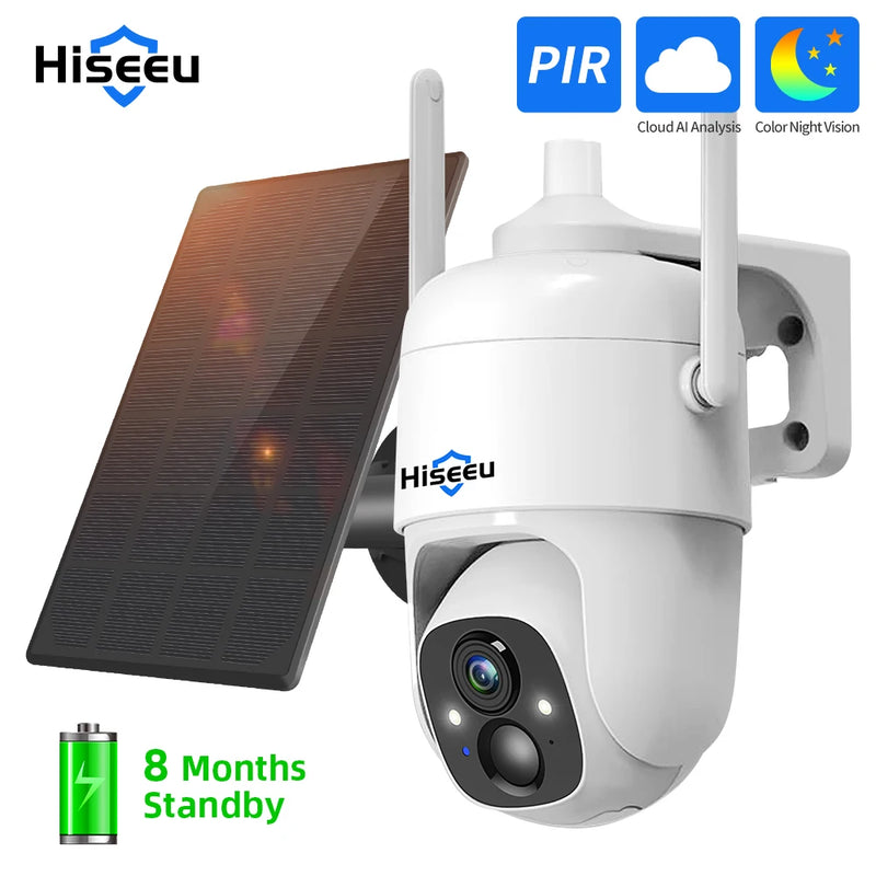 Hiseeu 3MP Cloud AI WiFi Video Security Surveillance Camera Rechargeable Battery with Solar Panel Outdoor Pan & Tilt Wireless