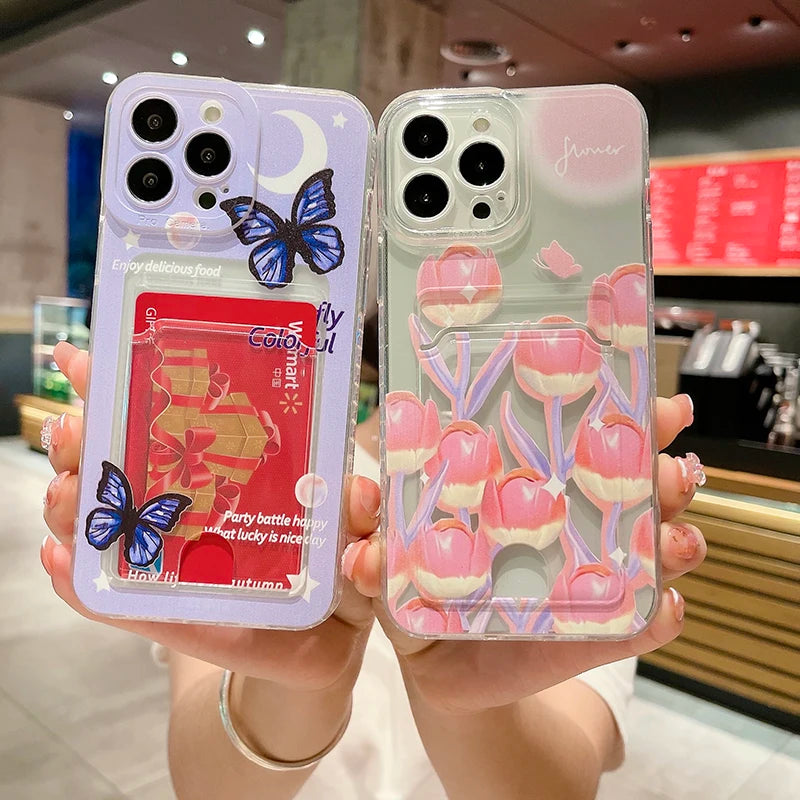 Ultra-thin Cute Card Holder Silicone Phone Case For iPhone 14 13 12 11 Pro Max SE XS XR X 8 7 Plus Camera Protection Back Cover