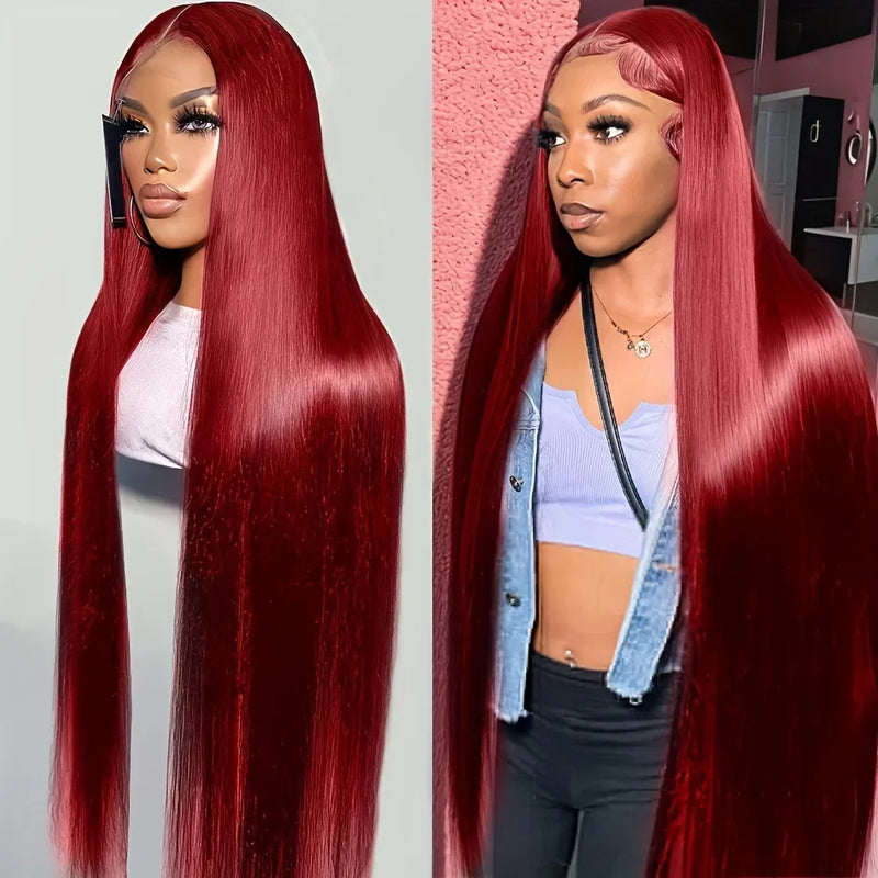 99J Colored Lace Front Human Hair Wigs Straight Burgundy 13x4 HD Transparent Full Lace Frontal Wig Red Glueless Wigs For Women