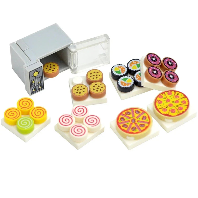 DlY Mini Food Building Block Figures Bread Fish Fruit Chicken Crab Hot Dog Cake Pizze Carrot Box Creative Toys City Parts Brick