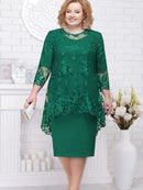 FSMG Abendkleid für Damen in großen Größen, modisches, einfarbiges zweiteiliges Kleid-Set mit Rundhalsausschnitt, hoher Taille und Spitzenstickerei, schmal geschnitten