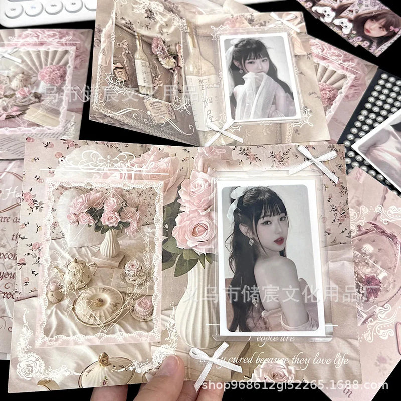 10Pcs Korean Ins Pink Rose Tea Party Card Back Kpop Star 3-inch Photo Card Folding Fixed Decor Paper Board Selling DIY Packing