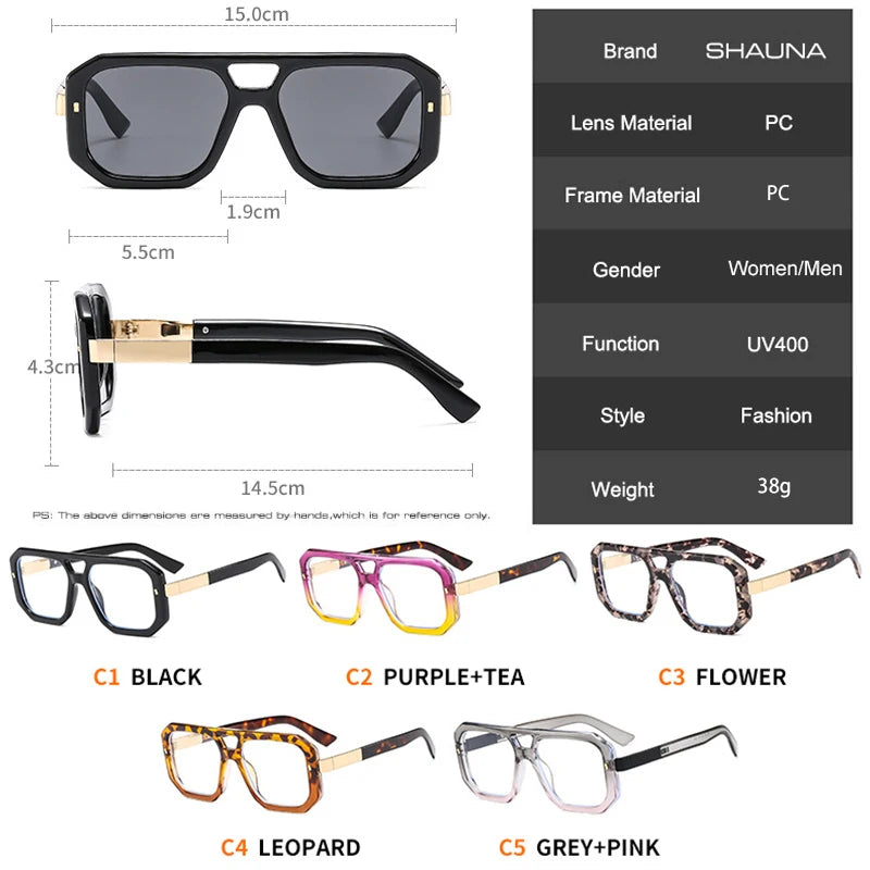 SHAUNA Double Bridges Women Luxury Sunglasses Retro Brand Designer Square Clear Gradient Shades UV400 Men Rivets Sun Glasses