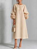 Elegant Women Linen Midi Dress O Neck 3D Floral Lantern Sleeve Button Loose Straight Long Dress Modest Casual Party Dresses