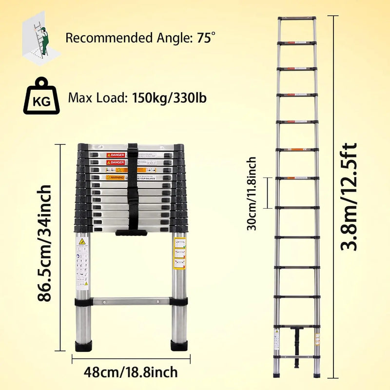 3.8M Telescopic Ladder 12.5FT Multi-Purpose Stainless Steel Extendable Sturdy Loft EN131 for Draw Wall Replace Bulb Repair Roof