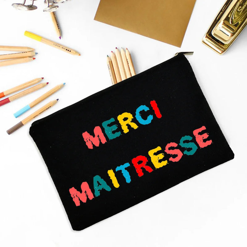 A Great Mistress Is Difficult To Leave and Cannot Forget Printed  Make Up Teacher Pouch Merci Maîtresse Teacher's Storage Bag