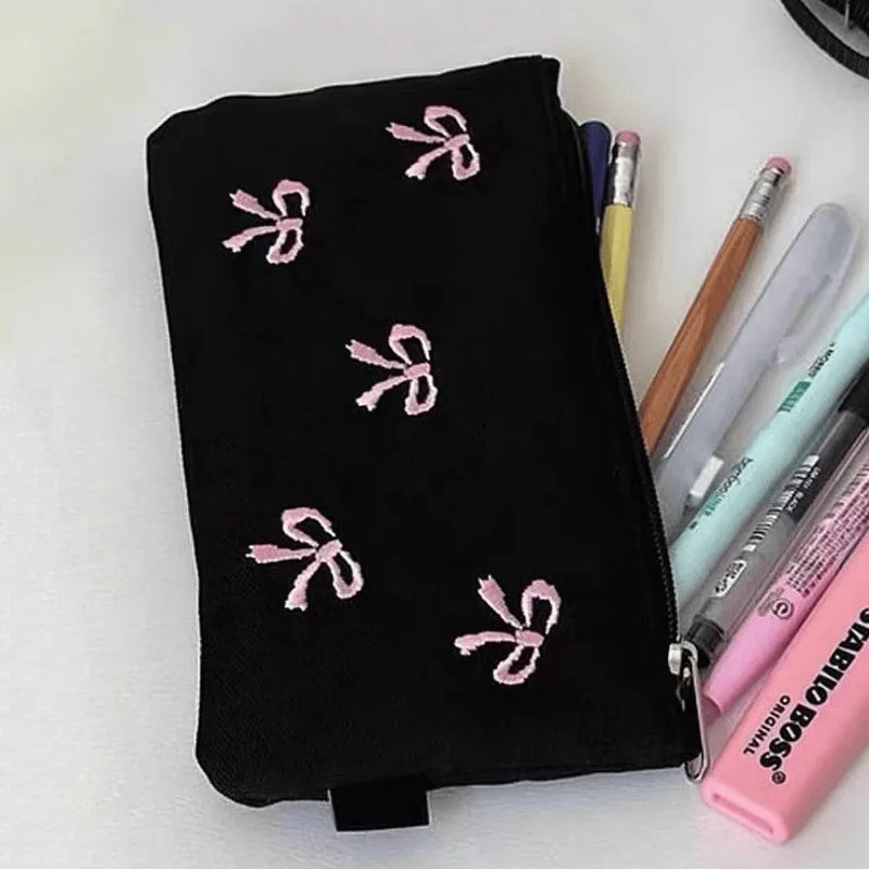 Cute Sweet Girl Heart Embroidered Bow Pencil Case Stationery Bag Square Shape Cosmetics Storage Bag Pencil Case Writing Supplies