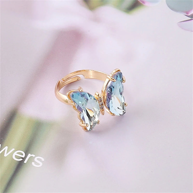 Fantasy Rhinestone Butterfly Ring Adjustable Opening Finger Ring Romantic Colorful Women's Jewelry Exquisite Gifts Accessories