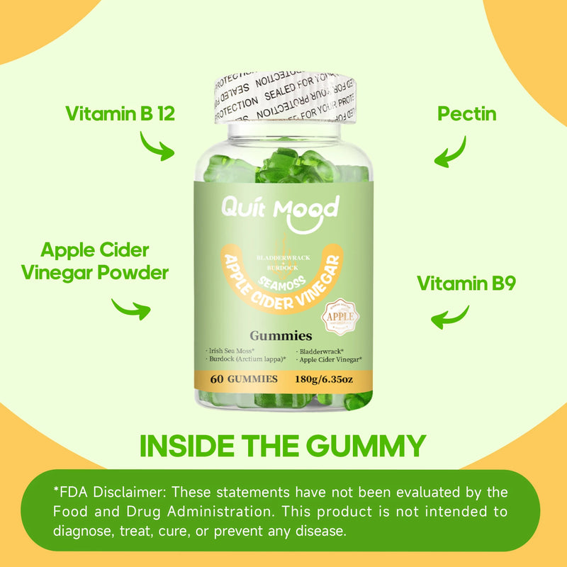 Quitmood Apple Cider Vinegar Gummies- 60 Count - 3500mg Bladderwrack, Burdock Root and Sea Moss - Natural Irish Sea Moss for Imm