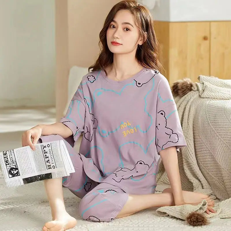 Women Summer Spring Two Pieces Sets Pajamas O-neck Short Sleeve Pant-7 Homewear Girls Big Size Thin Printing Cartoon Soft Cute