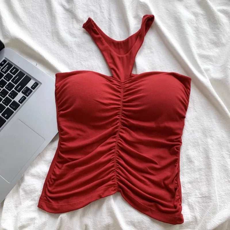 Chic Tank Top Women With Bulit In Bra Off-shoulder Tanks For Woman Solid Color Sport Camis Female Korean Fashion Dropshipping