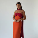 Fashion Women Color Blocking Scarf Collar Sling Dress Sexy Split Waist Cinching Bodycon Maxi Gowns 2026 Lady Club Party Vestidos