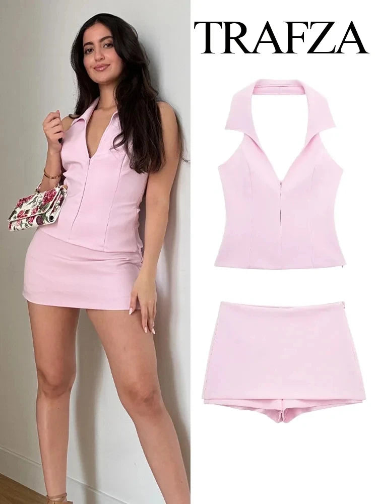 TRAFZA Women Pink 2 Piece Set Sexy V-Neck Sleeveless Backless Suspender Zipper Top+High Waist Back Pocket Mini Skirts Shorts Y2K