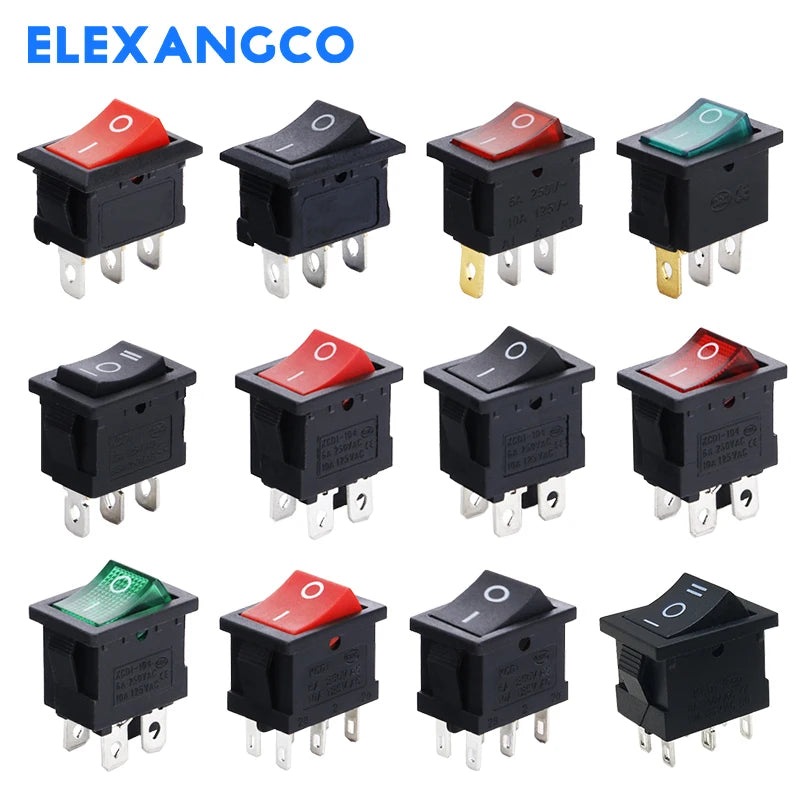 5 PCS/LOT 12Models KCD1 Series  21*15mm 3/4/6Pin Boat Car Rocker Switches 6A/250VAC 10A/125V AC With Red Green Lamp Switch