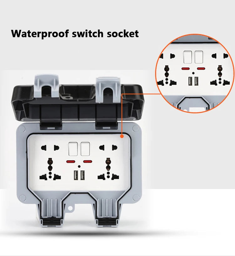 International Universal IP66 USB Wall Outdoor Waterproof Switch Socket,UK EU DE Korea Rain Proof Charging Outlet Waterproof Box