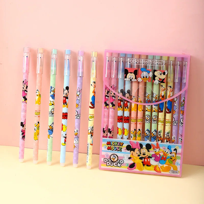 New 12/24pcs Disney Gel Pen Mickey Winnie Lotso Students Kawaii Stationery Write Pens 0.5 Black Blue School Kids  Signature Pens