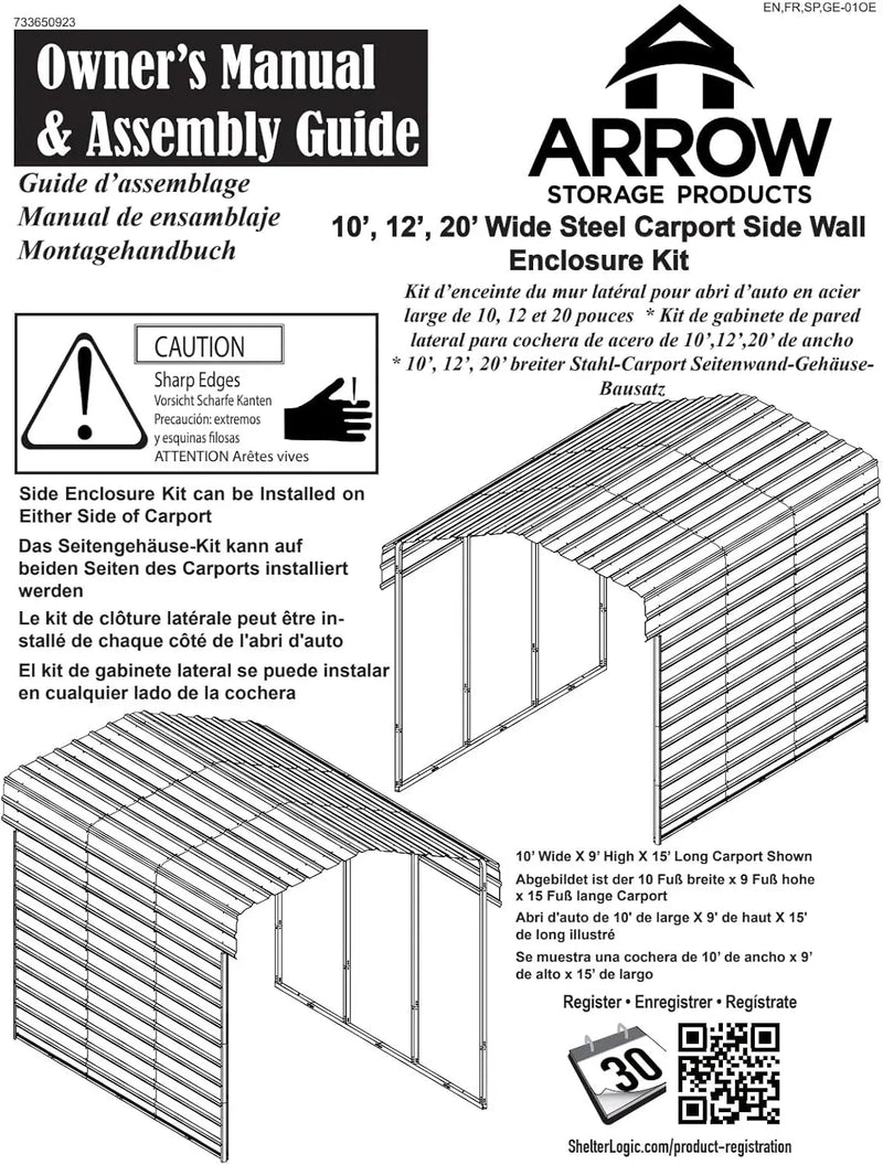 Arrow 20' X 9' One-Sided Carport Enclosure Wall Kit For 7' Or 9' Carports, Heavy-Duty Galvanized Steel Carport Enclosure Panel,